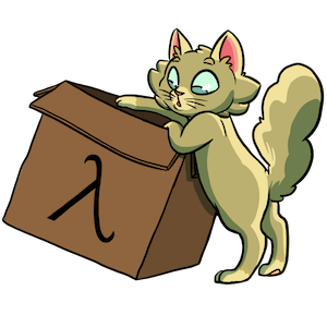 A cat peering into a cardboard box with a lambda on the side.